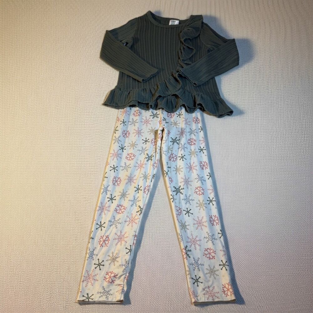 Just Lizzy 6 Ruffle Peplum Pajama Set Girls Gray Cotton Knit Snowflake Winter PJ